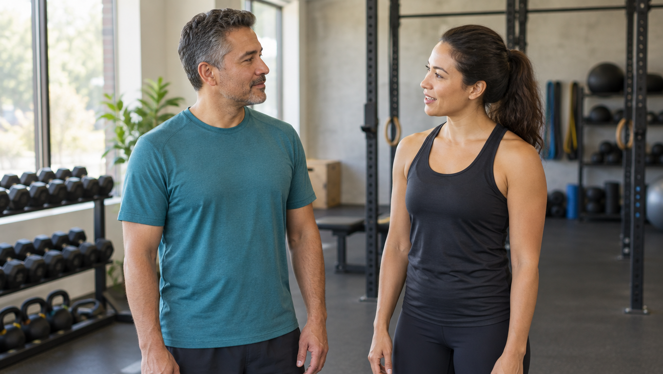 Illustration of a fitness participant discussing training with a trainer in a gym